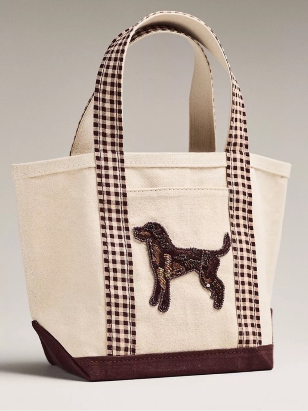 Anthropologie Cream Canvas Dog Tote with Brown Trim and Gingham Handles